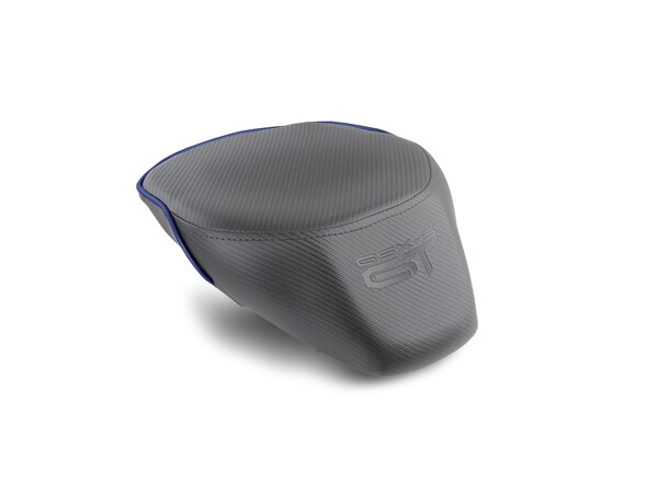 Suzuki GSX-S 1000GT World Sport motorcycle rear seat with custom upholstery and GT Logo.